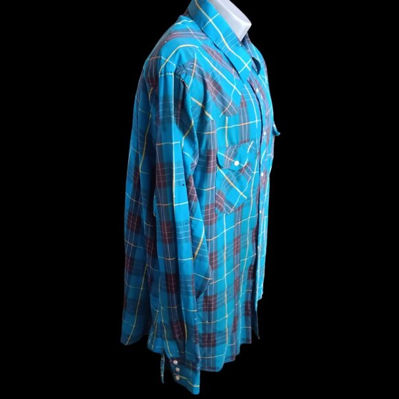 Vintage Mens Western Shirt XL Trashed Wrangler Plaid Snap 17.5x36 Long Tail 90s - Picture 6 of 8
